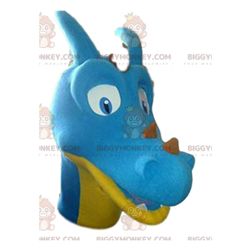 Disfraz de mascota de dinosaurio azul y amarillo BIGGYMONKEY™. Disfraz de mascota de dinosaurio azul y amarillo BIGGYMONKEY™.