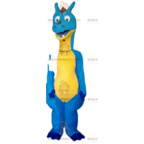 Blau-gelbes Dinosaurier-BIGGYMONKEY™-Maskottchen-Kostüm.
