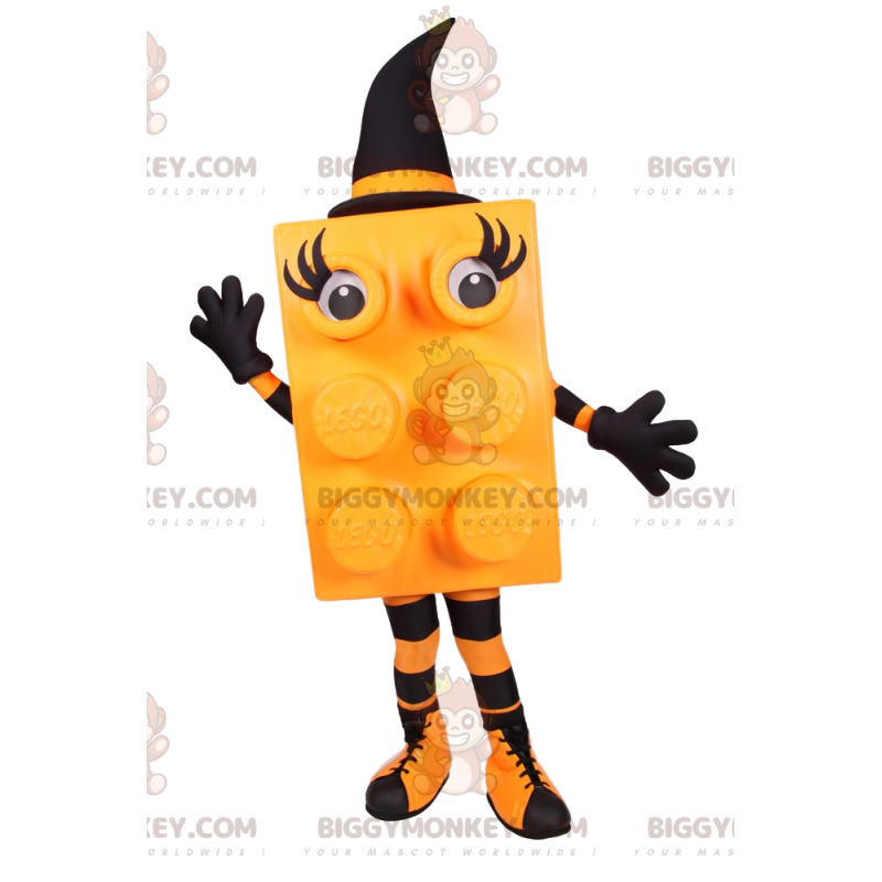 Yellow Block BIGGYMONKEY™ Mascot Costume with Black Pointed Hat