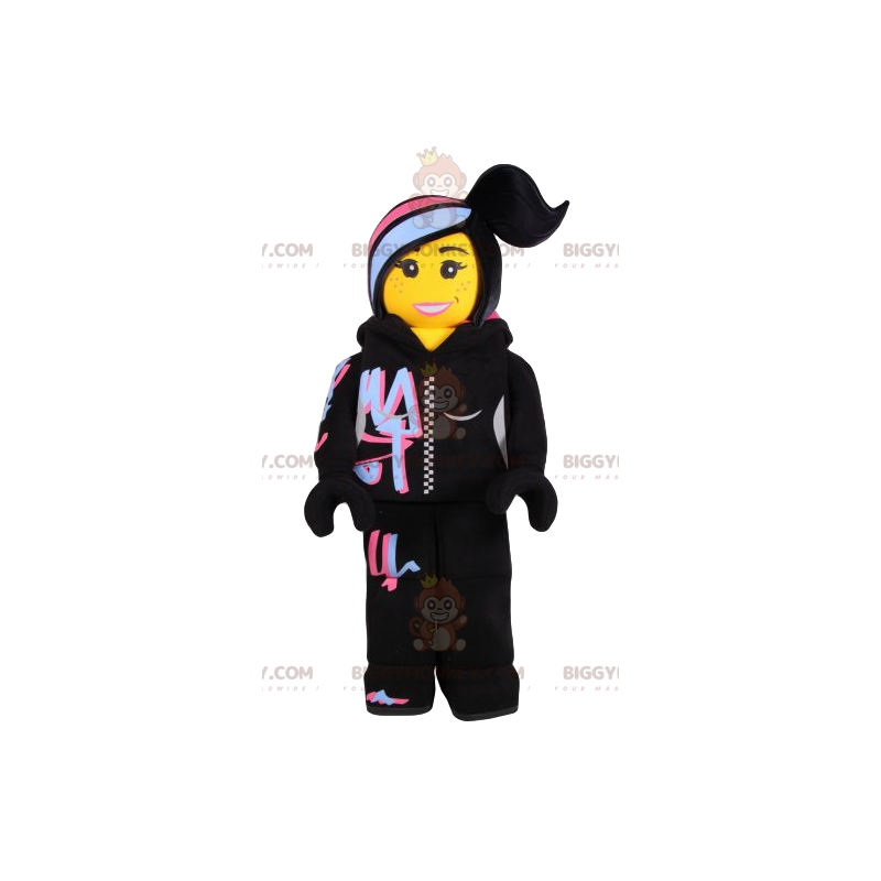 Traje de mascote BIGGYMONKEY™ playmobil de rapper em roupas esportivas pretas - Mascotes pessoas famosas - BiggyMonkey.com