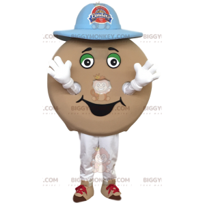 Bagel BIGGYMONKEY™ mascot costume with blue hat. bagel costume