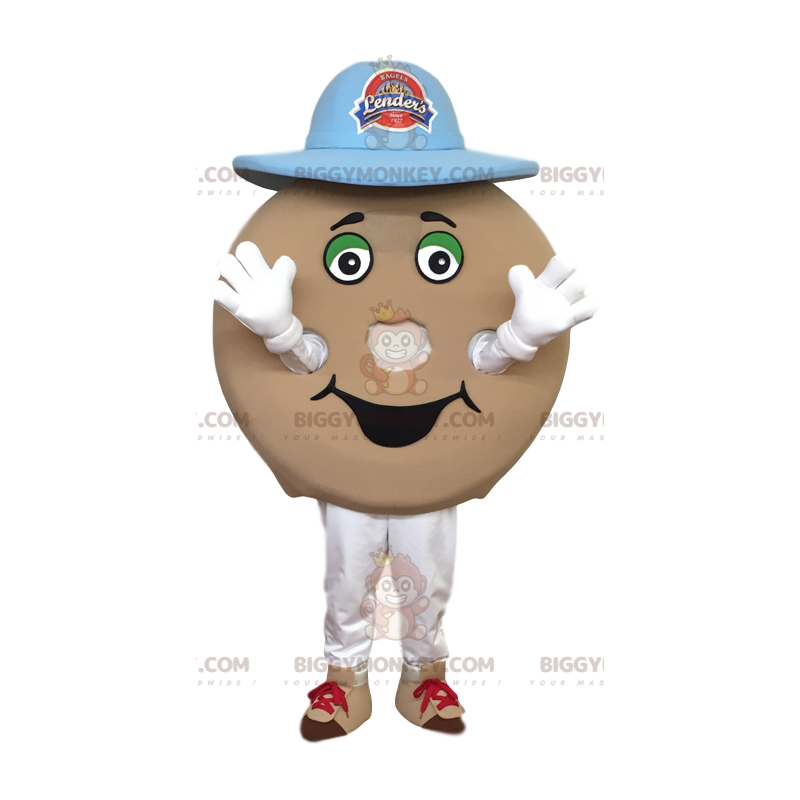 Bagel BIGGYMONKEY™ mascot costume with blue hat. bagel costume
