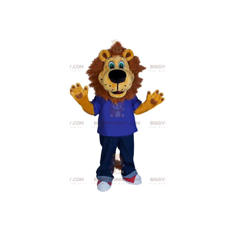 Lion BIGGYMONKEY™ maskotdräkt med blå jersey och jeans. - Lion BIGGYMONKEY™ maskotdräkt med blå jersey och jeans. -