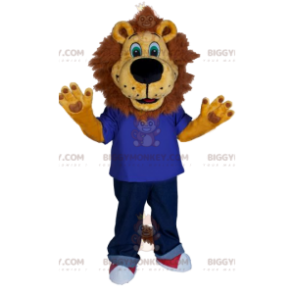 Fato de mascote Lion BIGGYMONKEY™ com jersey azul e jeans. –