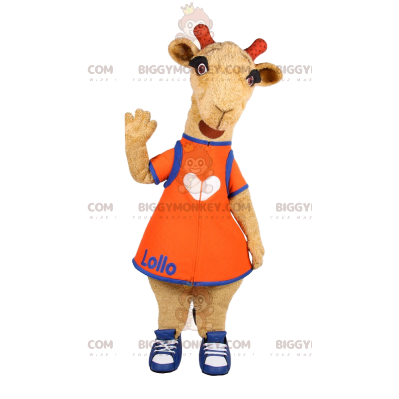 Traje de mascote Little Giraffe BIGGYMONKEY™ com vestido laranja - Animais da selva - BIGGYMONKEY_012207 - BiggyMonkey.com