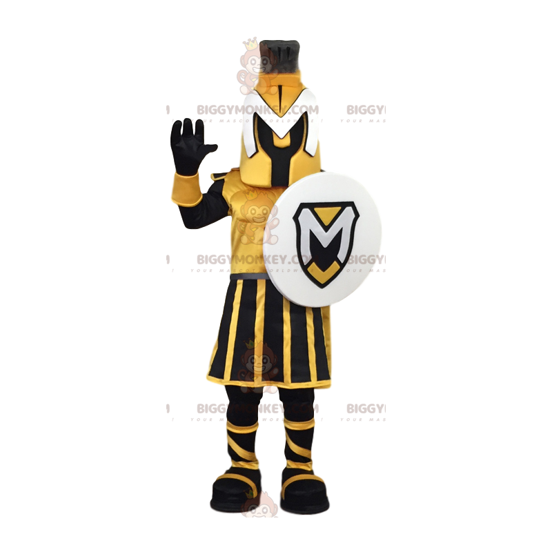 BIGGYMONKEY™ mascottekostuum van een gele en zwarte krijger met BIGGYMONKEY™ mascottekostuum van een gele en zwarte krijger met