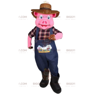 BIGGYMONKEY™ mascot costume of pig in farmer outfit. pig