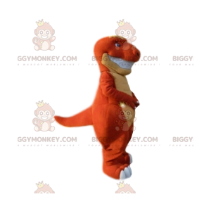 Orange och gul dinosaurie BIGGYMONKEY™ maskotdräkt. dinosaurie