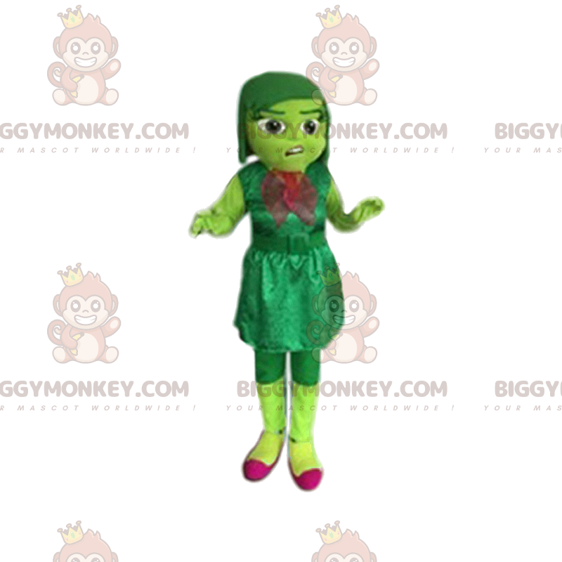 Costume de mascotte BIGGYMONKEY™ de petite fille verte avec une Costume de mascotte BIGGYMONKEY™ de petite fille verte avec une