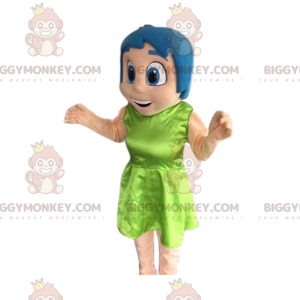 BIGGYMONKEY™ mascot costume of smiling girl with blue hair. –