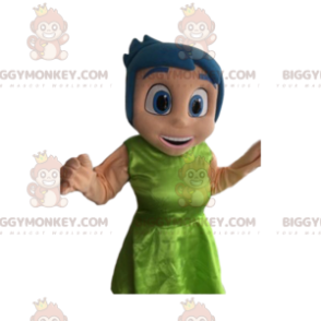 BIGGYMONKEY™ mascot costume of smiling girl with blue hair. -
