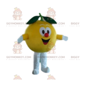 Traje de mascote BIGGYMONKEY™ de pêssego amarelo muito feliz.
