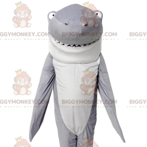 Costume de mascotte BIGGYMONKEY™ de requin gris et blanc.
