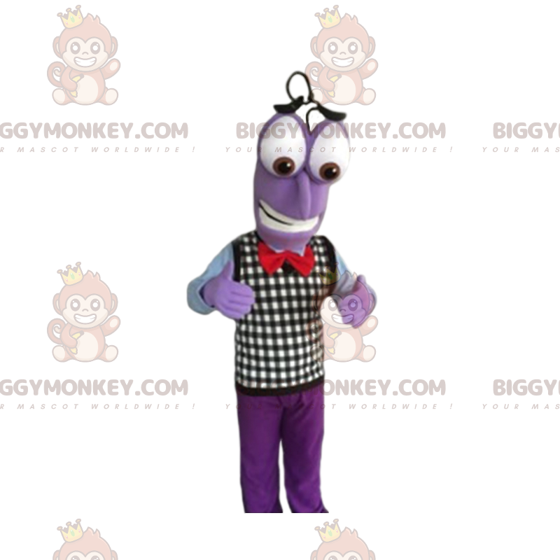 Kostým fialového sněhuláka BIGGYMONKEY™ maskota s kostkovaným Kostým fialového sněhuláka BIGGYMONKEY™ maskota s kostkovaným