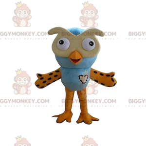 Στολή μασκότ BIGGYMONKEY™ με μπλε και κίτρινες κουκουβάγιες.