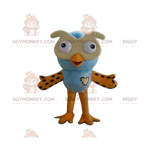 Fato de mascote BIGGYMONKEY™ de corujas azuis e amarelas.