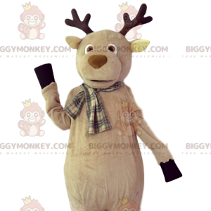 BIGGYMONKEY™ maskotkostume Beige hjort med plaid tørklæde -