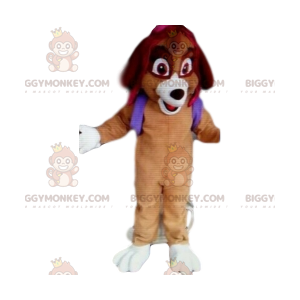 Traje de mascote de cachorro BIGGYMONKEY™ com mochila roxa.