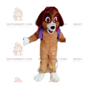 Traje de mascote de cachorro BIGGYMONKEY™ com mochila roxa.