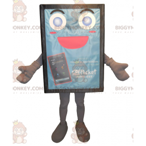 Roztomilý modrý kostým maskota BIGGYMONKEY™ na billboardu