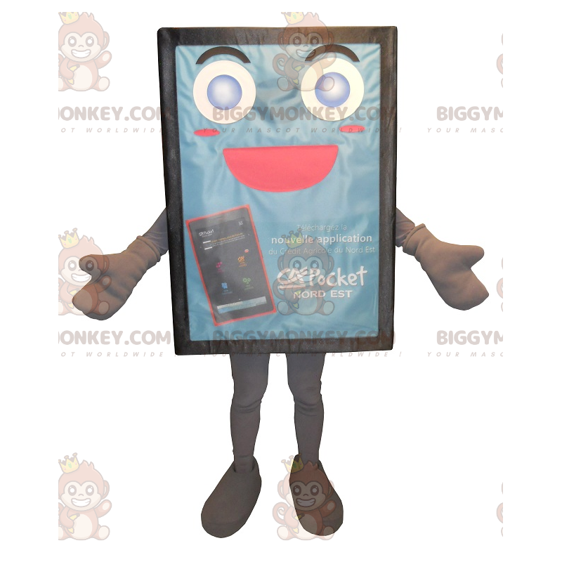 Roztomilý modrý kostým maskota BIGGYMONKEY™ na billboardu –