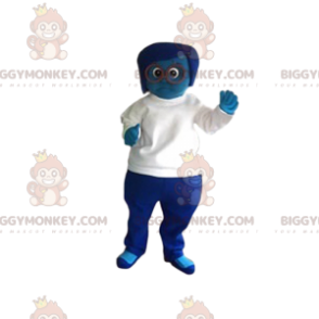 BIGGYMONKEY™ maskotkostume af en blå kvinde med en hvid jersey.