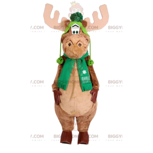 BIGGYMONKEY™ mascot costume of beige reindeer with a green