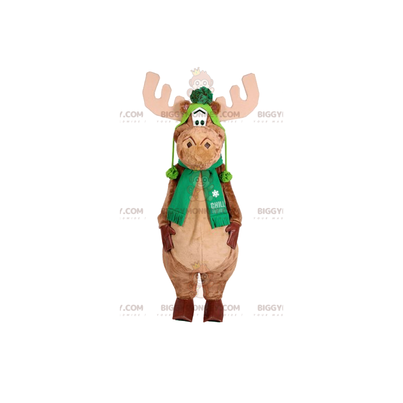 BIGGYMONKEY™ mascot costume of beige reindeer with a green