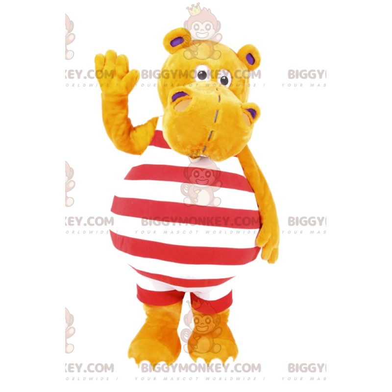 BIGGYMONKEY™ Mascot Costume Yellow Hippo in Striped Swimsuit -