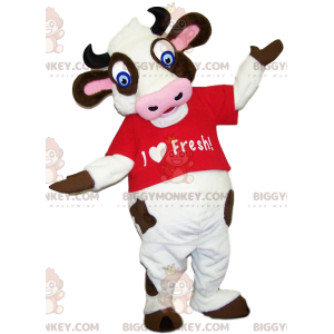 Very funny cow BIGGYMONKEY™ mascot costume with a red t-shirt.