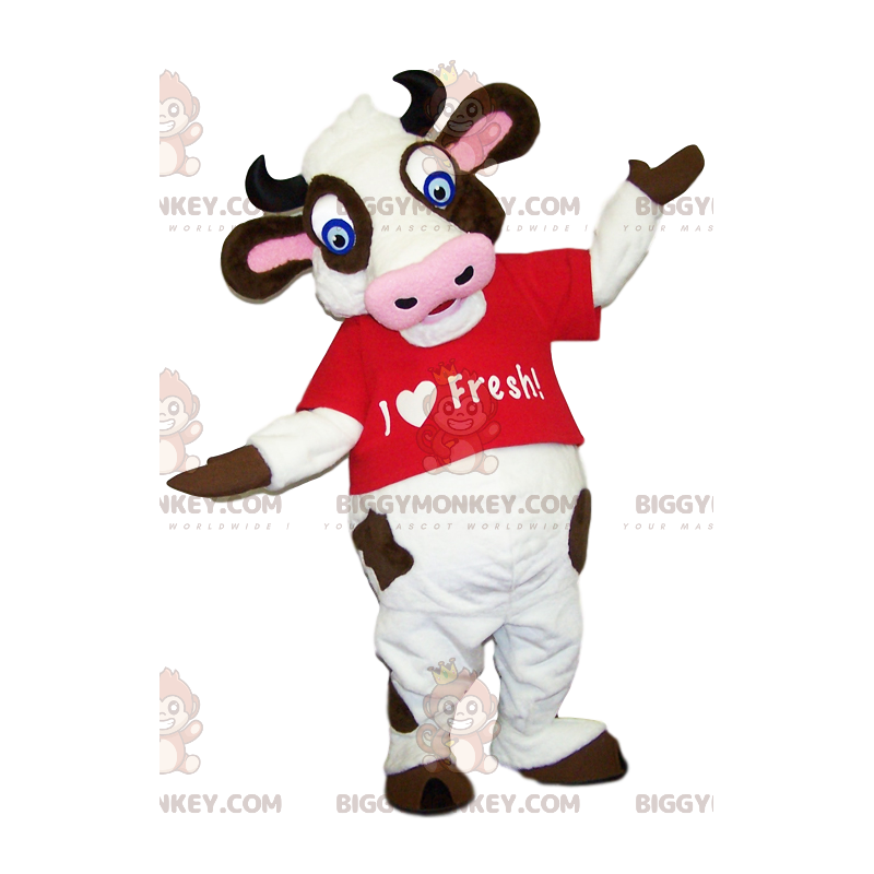 Zeer grappige koe BIGGYMONKEY™ mascottekostuum met een rood Zeer grappige koe BIGGYMONKEY™ mascottekostuum met een rood