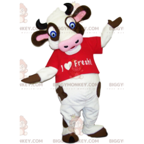 Very funny cow BIGGYMONKEY™ mascot costume with a red t-shirt.