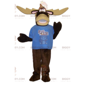 Mycket komisk caribou BIGGYMONKEY™ maskotdräkt med blå t-shirt
