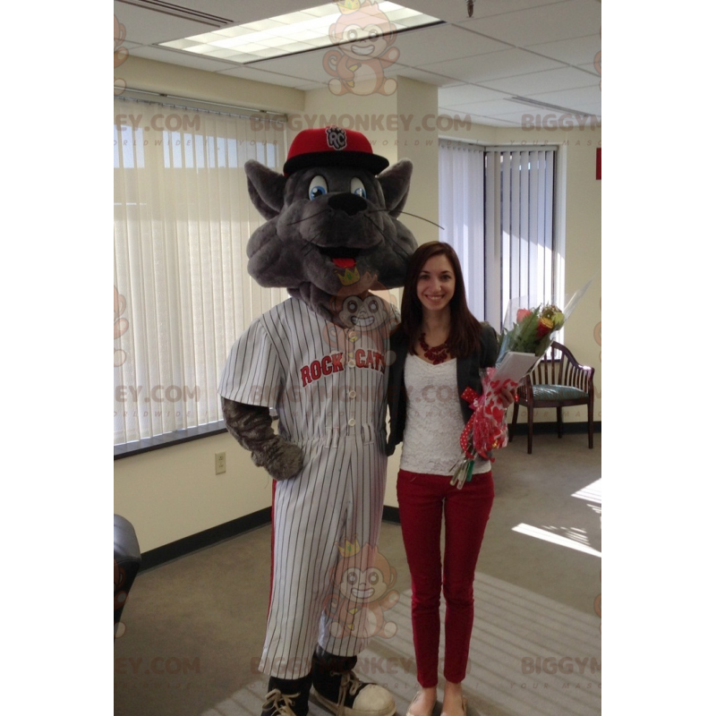 BIGGYMONKEY™ Mascot Costume Gray Cat In Baseball Outfit -