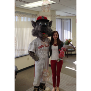 BIGGYMONKEY™ Mascot Costume Gray Cat In Baseball Outfit -