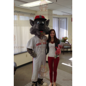 BIGGYMONKEY™ Mascot Costume Gray Cat In Baseball Outfit –