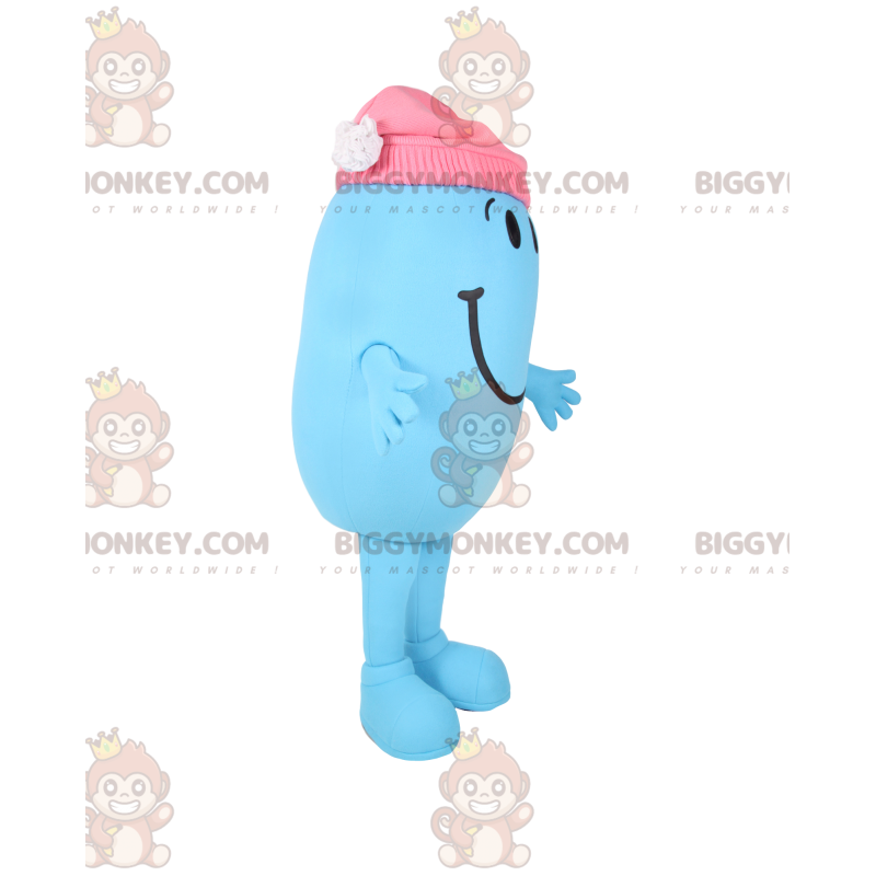 Traje de mascote BIGGYMONKEY™ pequeno homem oval azul com gorro Traje de mascote BIGGYMONKEY™ pequeno homem oval azul com gorro