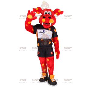 Costume de mascotte BIGGYMONKEY™ de boeuf rouge à pois jaunes