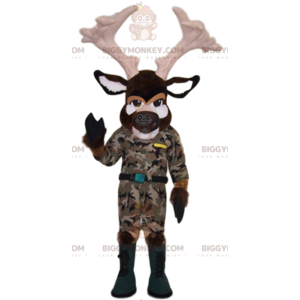 Kostým maskota BIGGYMONKEY™ hnědého jelena v maskování. kostým