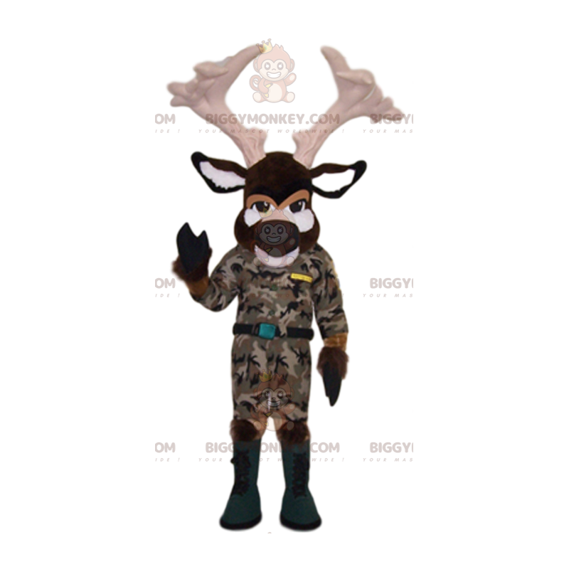 Disfraz de mascota BIGGYMONKEY™ de ciervo marrón en camuflaje. Disfraz de mascota BIGGYMONKEY™ de ciervo marrón en camuflaje.