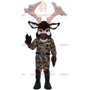BIGGYMONKEY™ mascot costume of brown deer in camouflage. deer