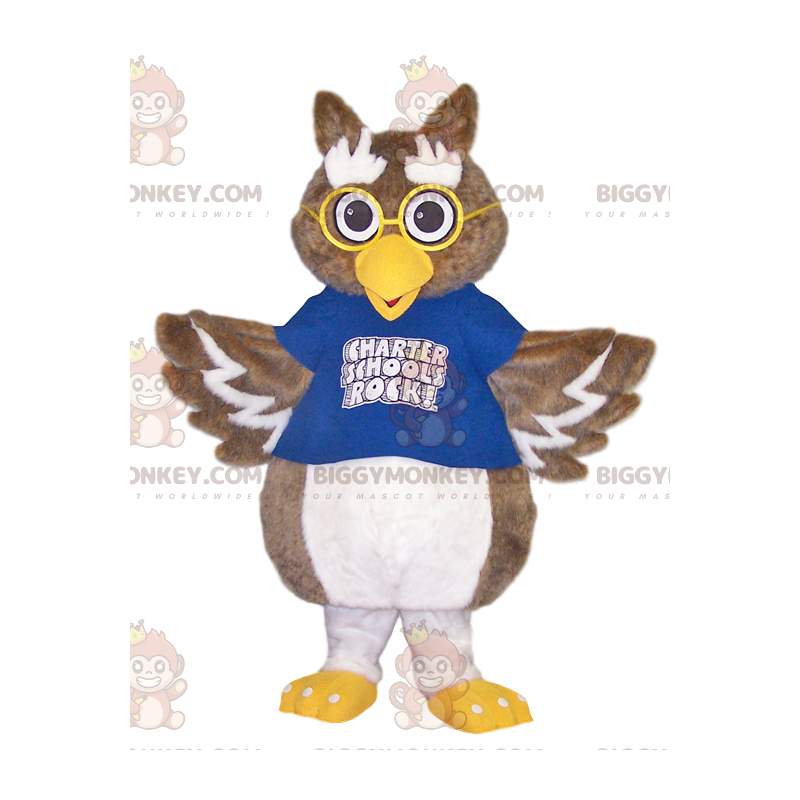 Costume de mascotte BIGGYMONKEY™ de hiboux avec un maillot bleu Costume de mascotte BIGGYMONKEY™ de hiboux avec un maillot bleu