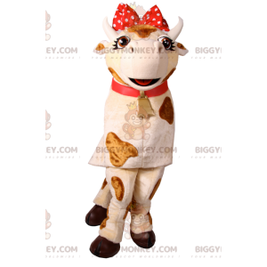 BIGGYMONKEY™ cow mascot costume with red polka dot bow. cow