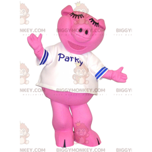 BIGGYMONKEY™ mascot costume of pink pig with a white jersey. -