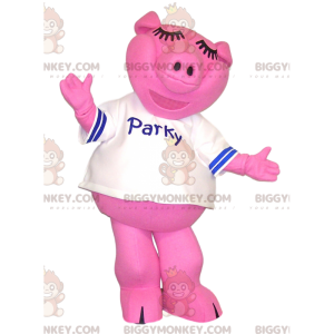 Στολή μασκότ BIGGYMONKEY™ από ροζ γουρούνι με λευκή φανέλα. -