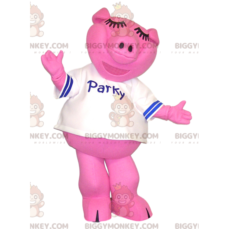 BIGGYMONKEY™ mascot costume of pink pig with a white jersey. -