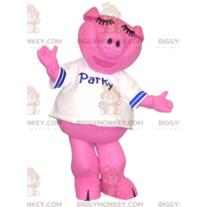 BIGGYMONKEY™ mascot costume of pink pig with a white jersey. -