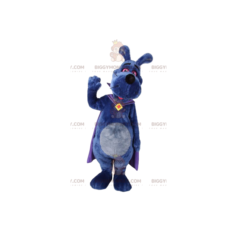 Hond BIGGYMONKEY™ mascottekostuum met paarse cape. Hond BIGGYMONKEY™ mascottekostuum met paarse cape.