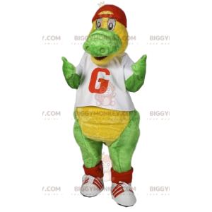 BIGGYMONKEY™ mascot costume of green dinosaur with red cap. -
