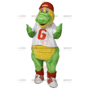 BIGGYMONKEY™ mascot costume of green dinosaur with red cap. –